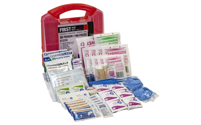 6025 - 25 person Red Plastic First Aid Kit Open_FAK6025W.jpg